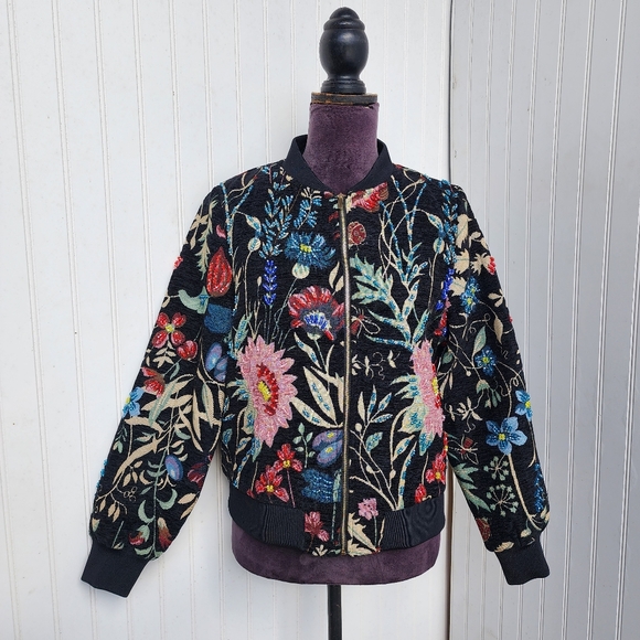 NWT $230 A.Z.I. New York Black Floral Tapestry Jacket Beaded Full Zip Linens M - Picture 11 of 16